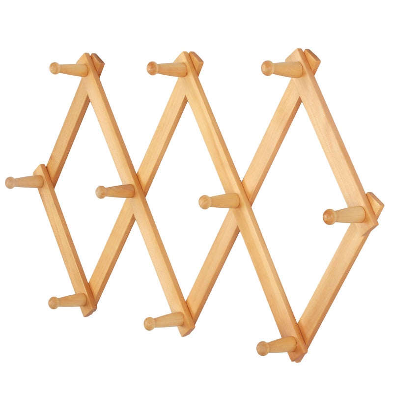 Dseap Accordian Wall Hanger: 16â€ High Wooden Wall Expandable Coat Rack, Hat Rack Holder, Accordion Hook for Baseball Caps, Coats, Mugs, 10 Peg Hooks, Natural - Image 1